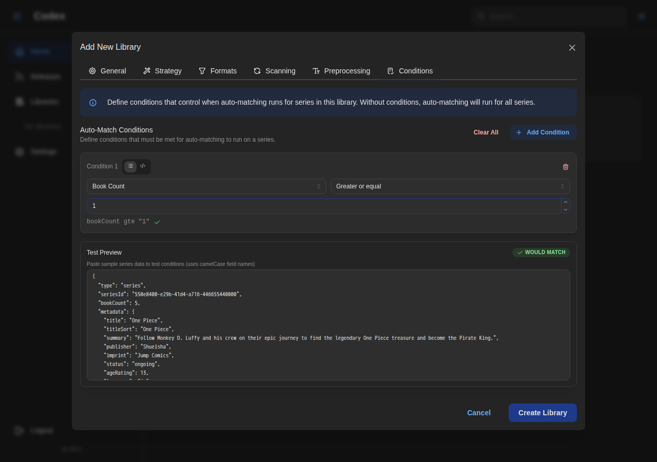 Add Library - Conditions Settings