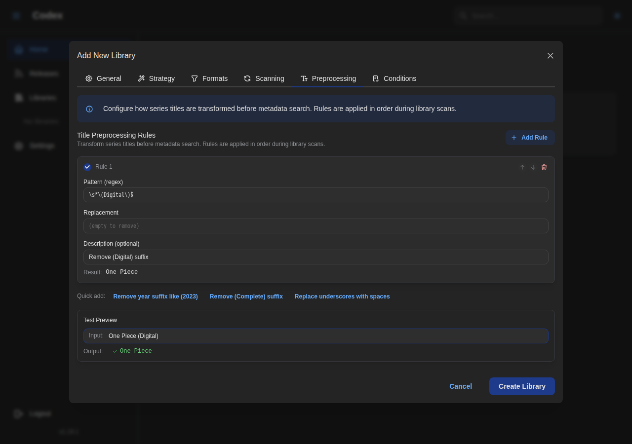 Add Library - Preprocessing Settings